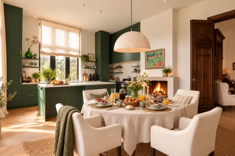 Lichte ontbijtkamer met gedekte ronde ontbijttafel, groene keuken en open haard