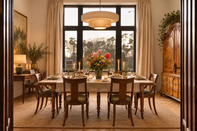 Eetkamer met gedekte houten tafel bij kaarslicht, bloemen en een groot raam met zicht op het park