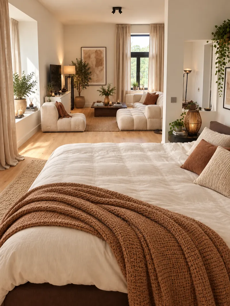 Ruime kamer met groot bed, zithoek en ramen met zicht op het groen