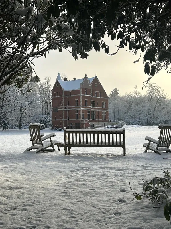 Tuinbanken in de sneeuw met het kasteel op de achtergrond